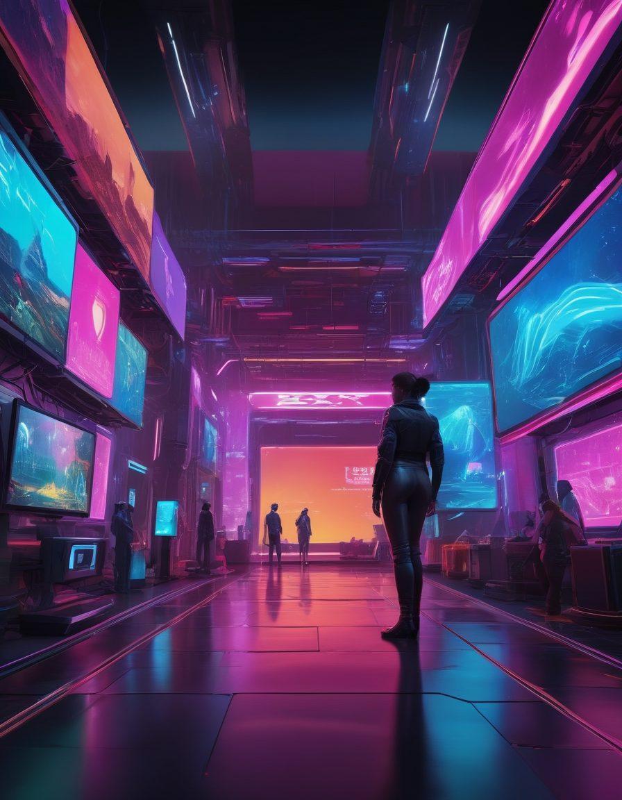 A futuristic virtual landscape filled with abstract representations of diverse online adult services, showcasing colorful icons of sexual wellness products and platforms. Include a blend of people engaged in digital interactions, surrounded by glowing neon lights and holographic displays. Capture a sense of exploration and discovery within a digital realm. vivid colors. cyberpunk style. 3D.