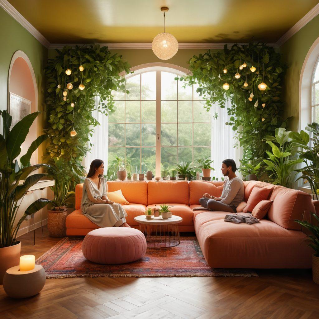 A serene digital landscape depicting a diverse group of people engaging in a virtual discussion about sexual wellness and intimacy. Elements such as a cozy, inviting environment with plants and soft lighting, accompanied by icons representing emotional connection, sexual health, and intimacy. The scene should convey warmth, openness, and inclusivity, with an overlay of subtle heart motifs. super-realistic. vibrant colors. soft focus.