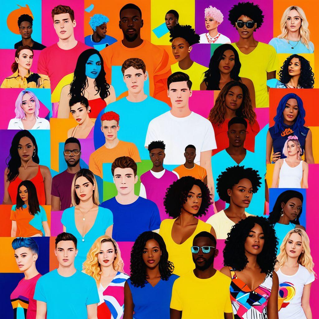 A vibrant digital collage depicting a diverse group of people engaging in various expressions of sexuality in a colorful, interconnected online environment. Include elements like social media icons, adult service advertisements, and abstract representations of intimacy. The background should be a mix of neon colors symbolizing energy and freedom, with a playful yet respectful tone. pop art style. bright colors. dynamic composition.